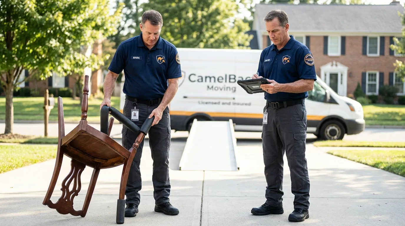 Movers inspecting furniture for damage prevention before loading in Reidsville, GA