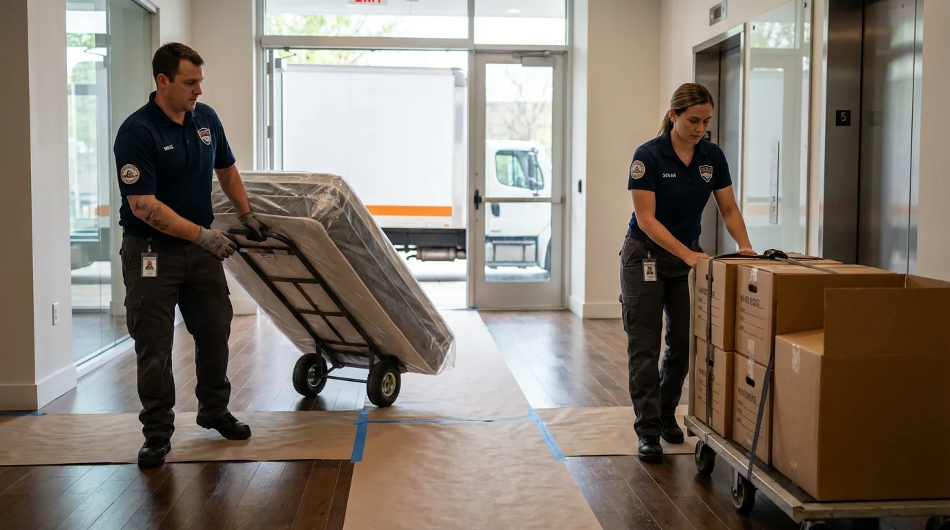 Professional apartment movers loading elevator in Reidsville, GA