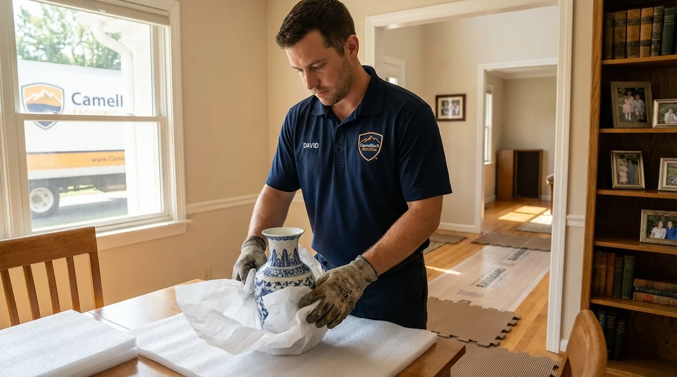 Professional crew carefully wrapping antique vase for senior downsizing move in Reidsville, GA